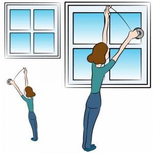 Clipart of people measuring windows, but one of them is too short to reach
